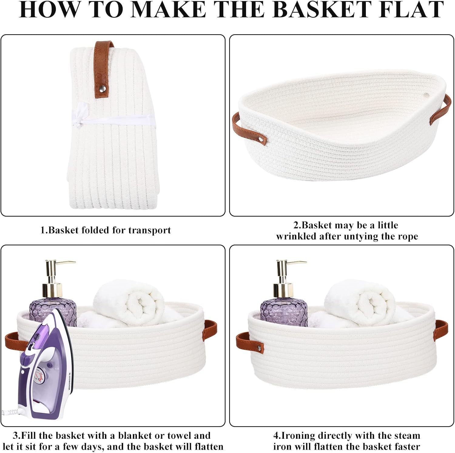 Bathroom Organizer Basket with Cotton Rope and Faux Leather Handles
