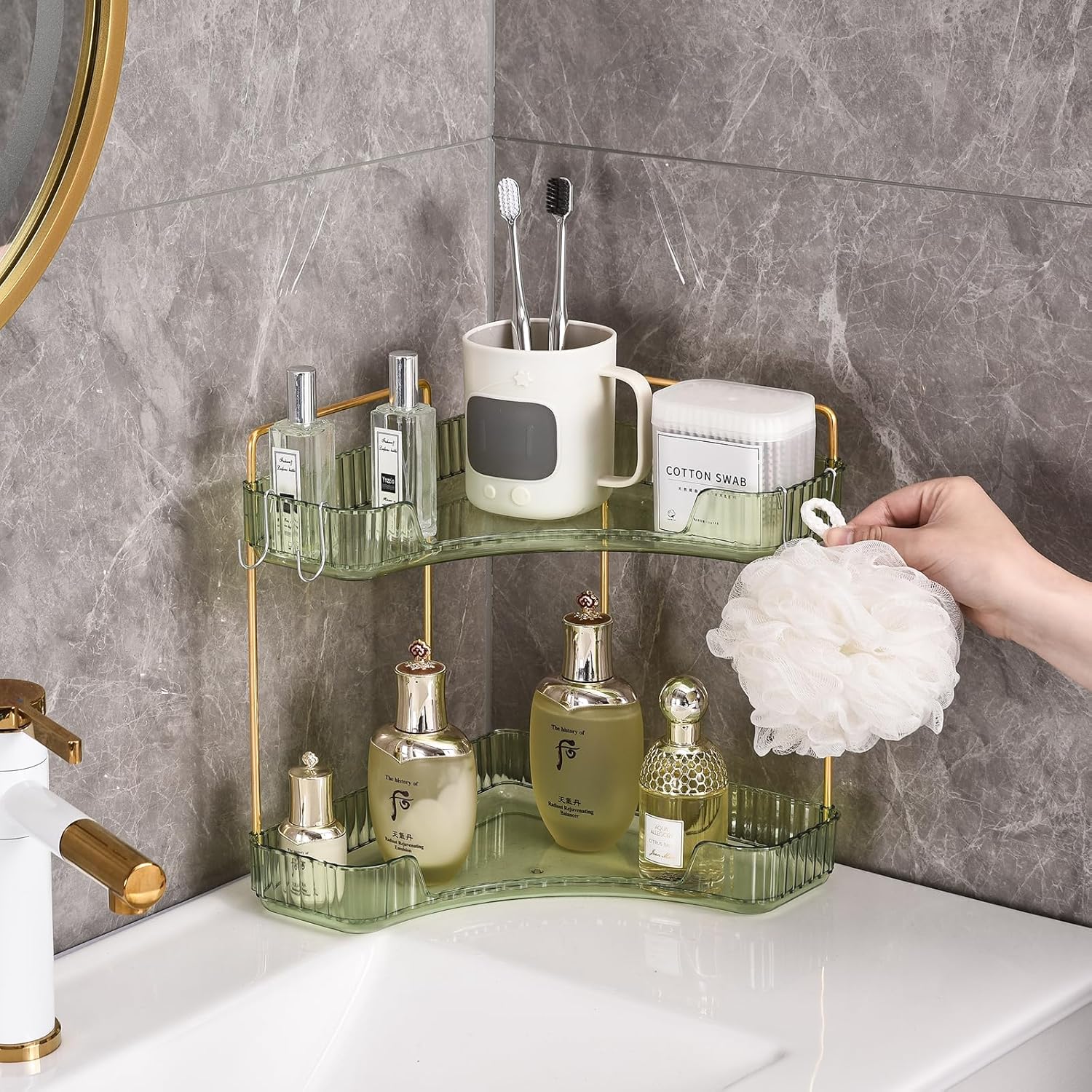 Plactical 2-Tier Plastic Bathroom Organizer with Green Gold Design