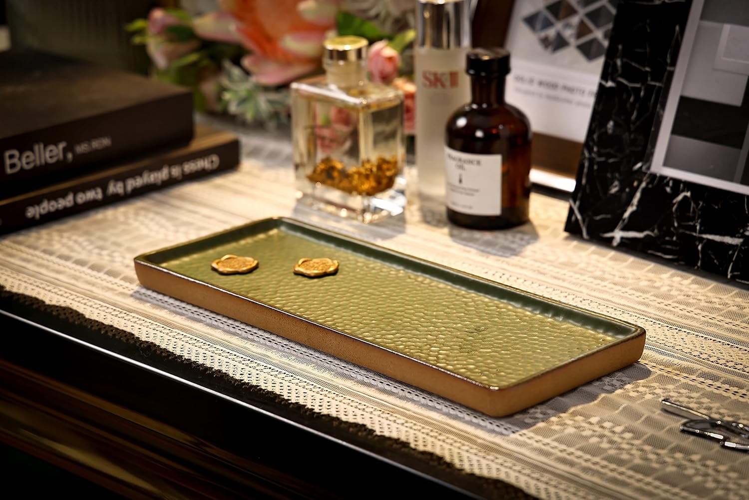 GaLouRo Vanity Tray with Brown Trim Premium Stoneware for Bath Organization