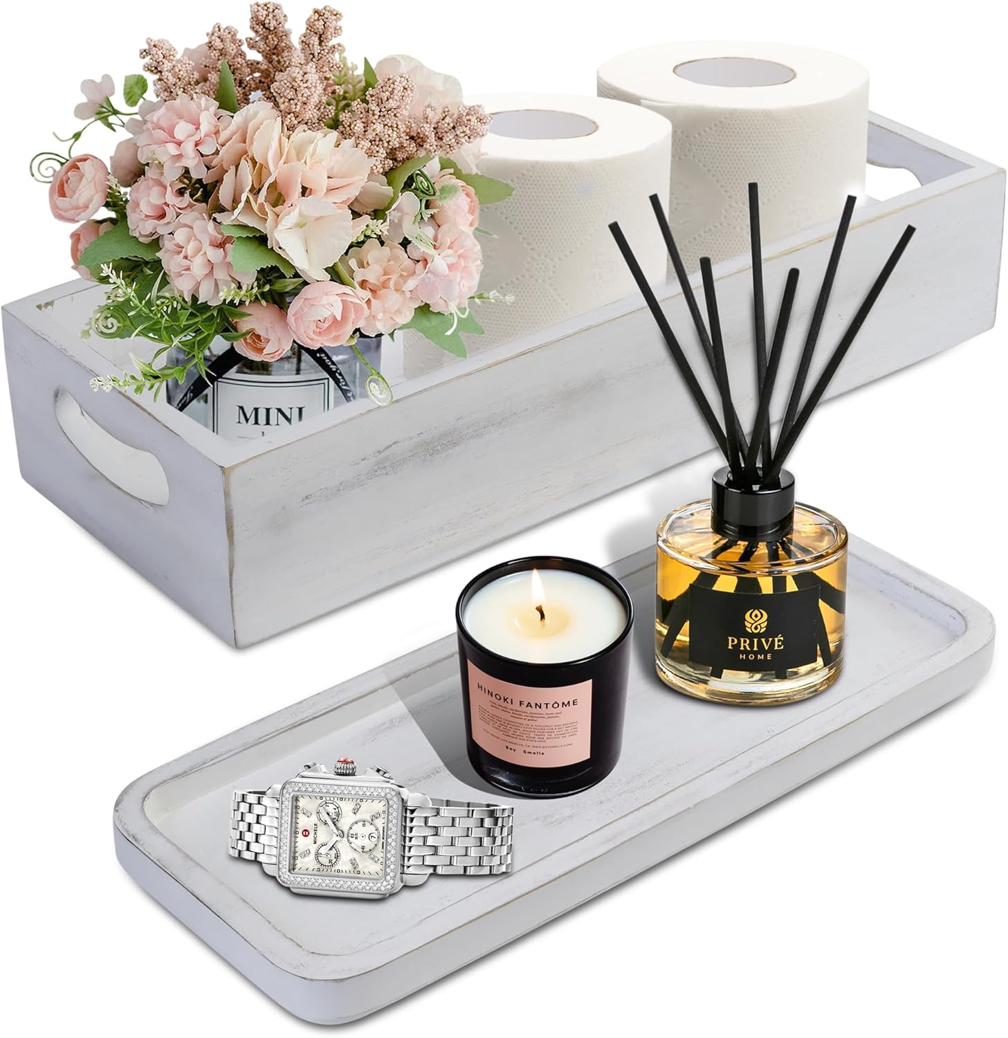 Demigo Bathroom Tray Set of 2 Acacia Wood Decor Organizer