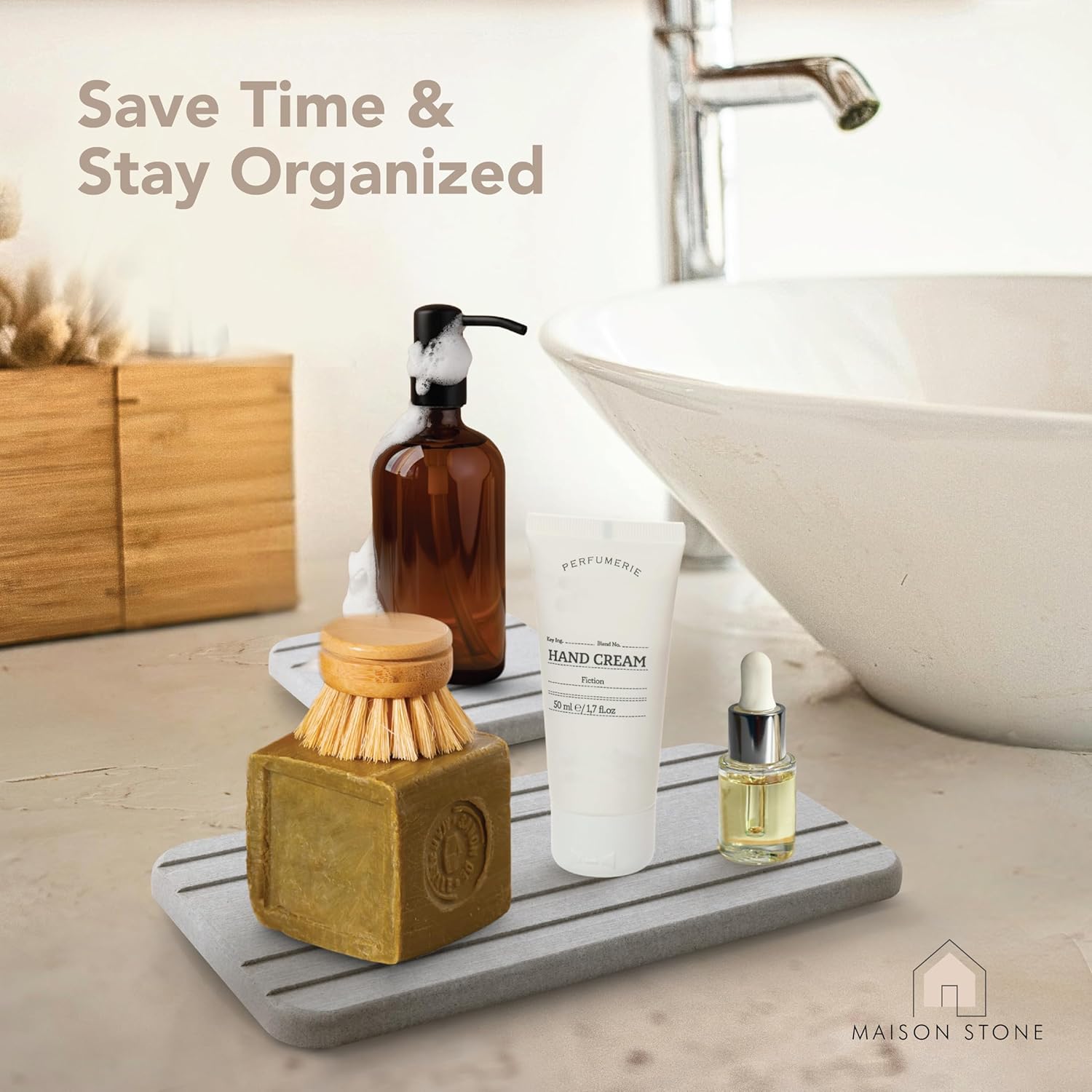 Maison Stone Bathroom Tray with Vanity Tray - Absorbent Eco-Friendly 8x4 Countertop