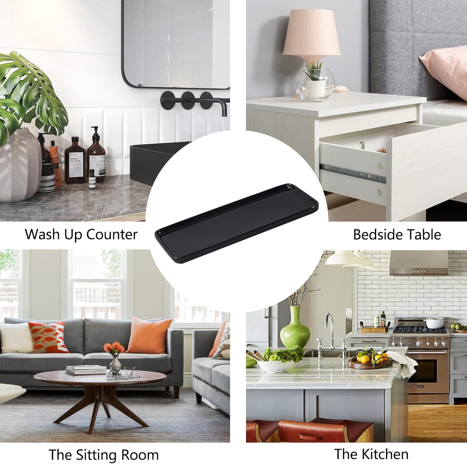 Floatant Small Black Ceramic Vanity Tray for Bathroom Bedroom Large