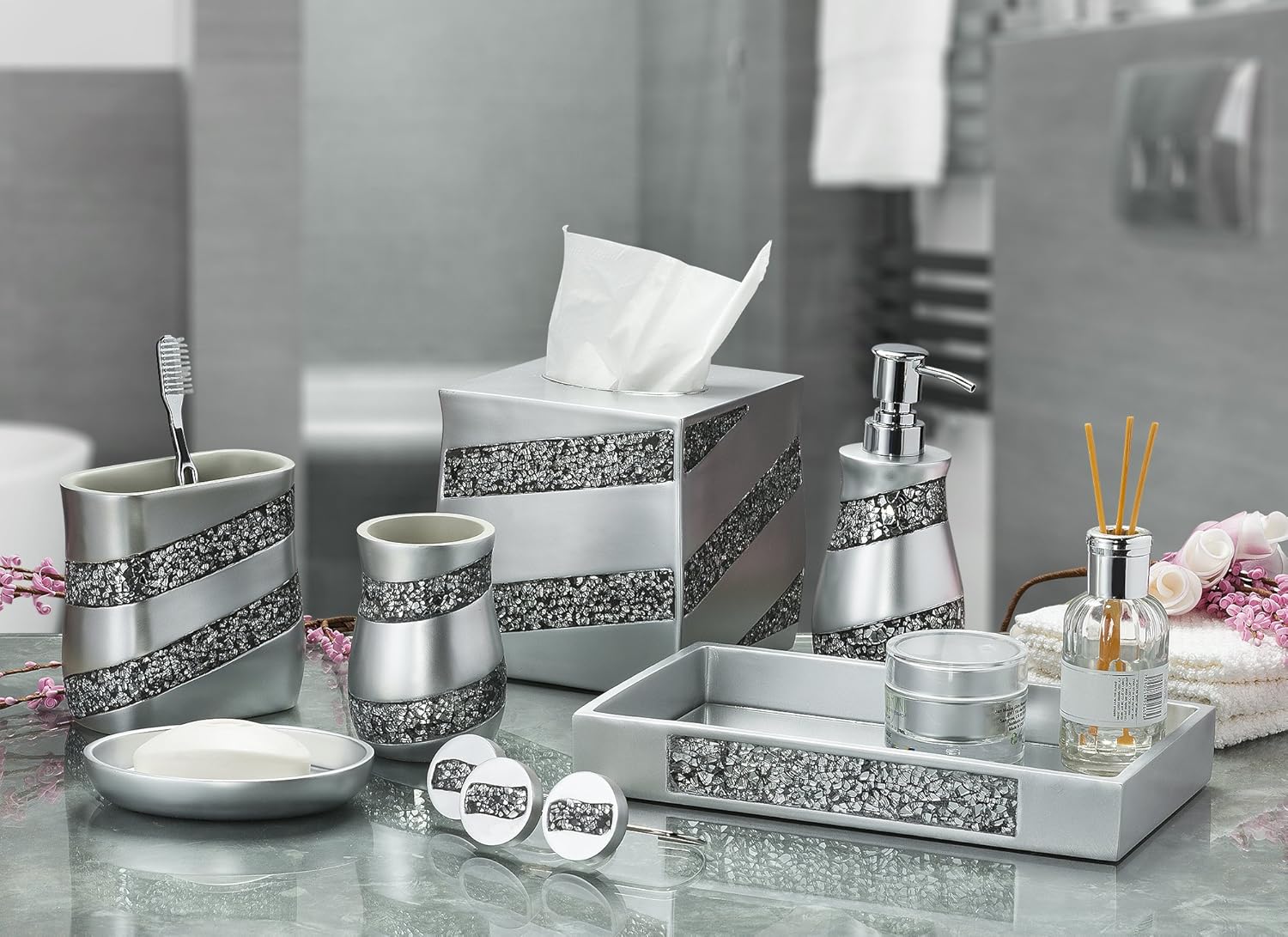 Creative Scents Silver Mosaic bathroom cup electric toothbrush holder