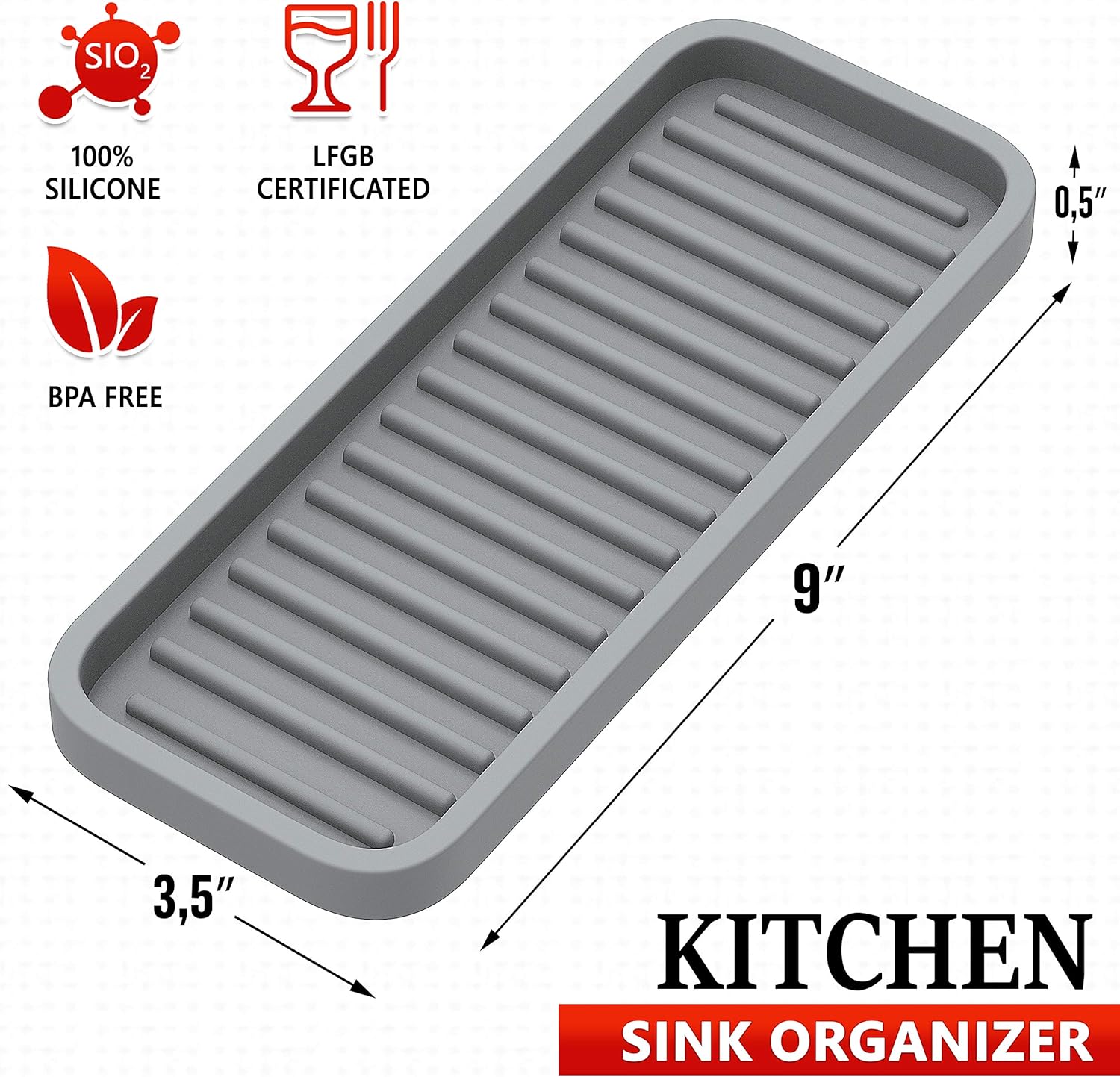 ZAPPOWARE Silicone Sink Caddy Organizer 9x35 Gray